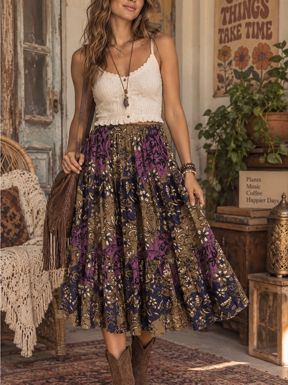 Vintage Sag Harbor Floral Tiered Crinkle Fairy Grunge Midi Skirt Size S